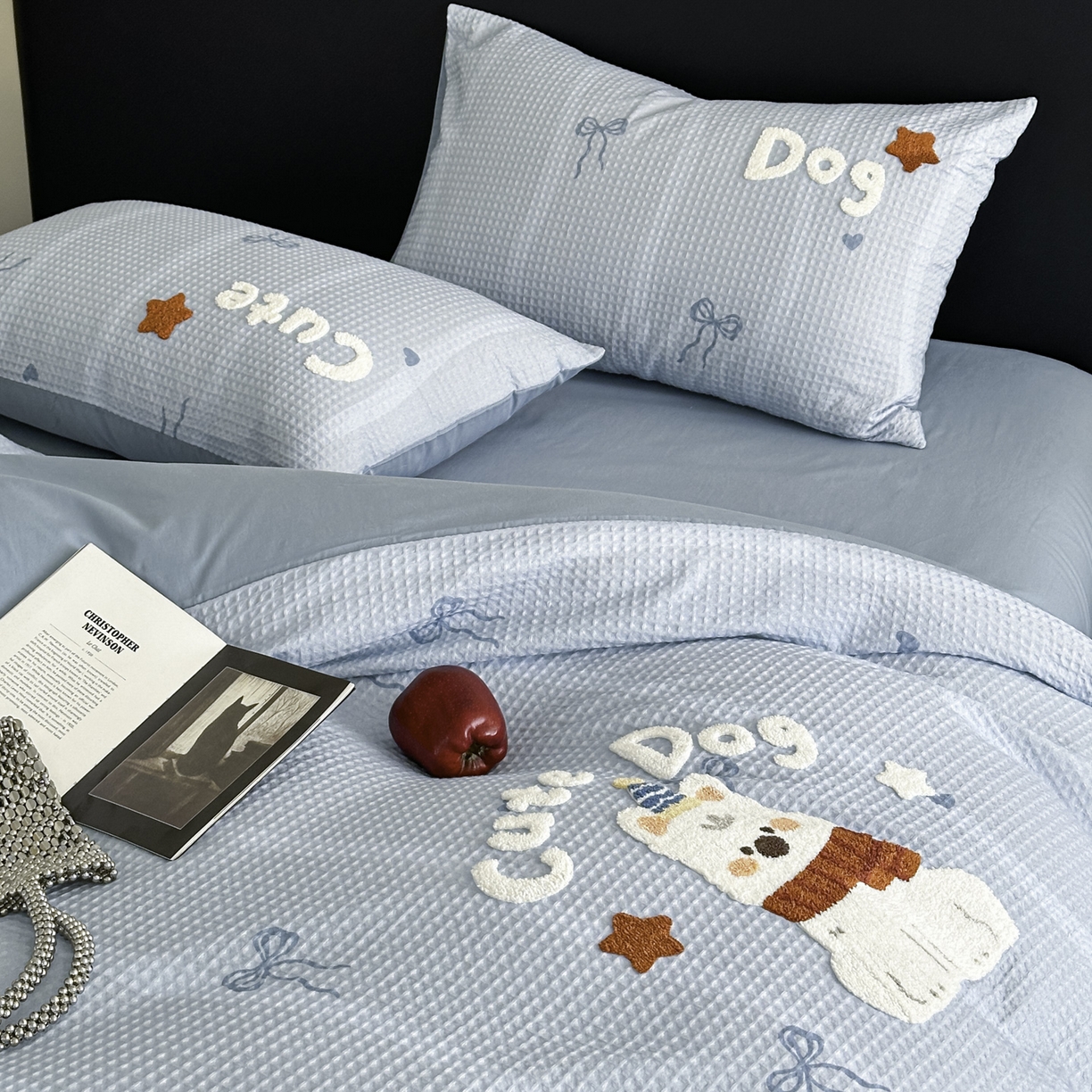 91家纺网 家纺一手货源 找家纺 ab家纺 2026新款全棉华夫格毛巾绣四件套 舒沐-蓝