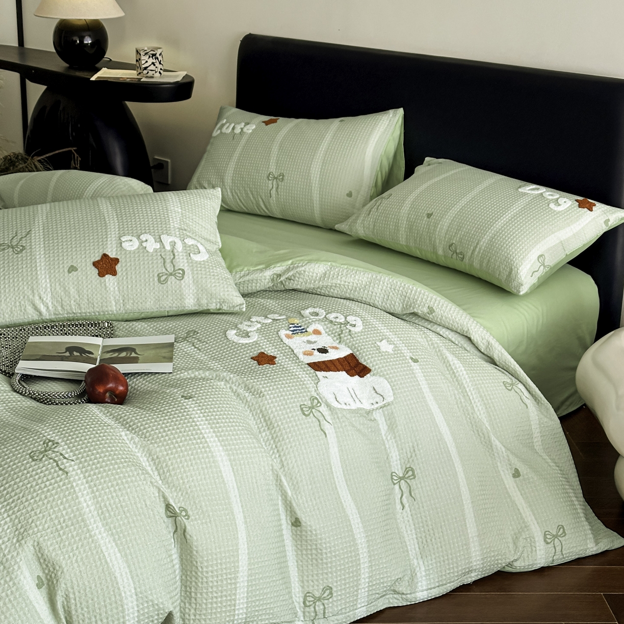 91家纺网 家纺一手货源 找家纺 ab家纺 2026新款全棉华夫格毛巾绣四件套 舒沐-绿