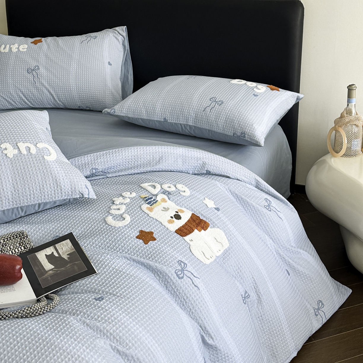 91家纺网 家纺一手货源 找家纺 ab家纺 2026新款全棉华夫格毛巾绣四件套 舒沐-蓝