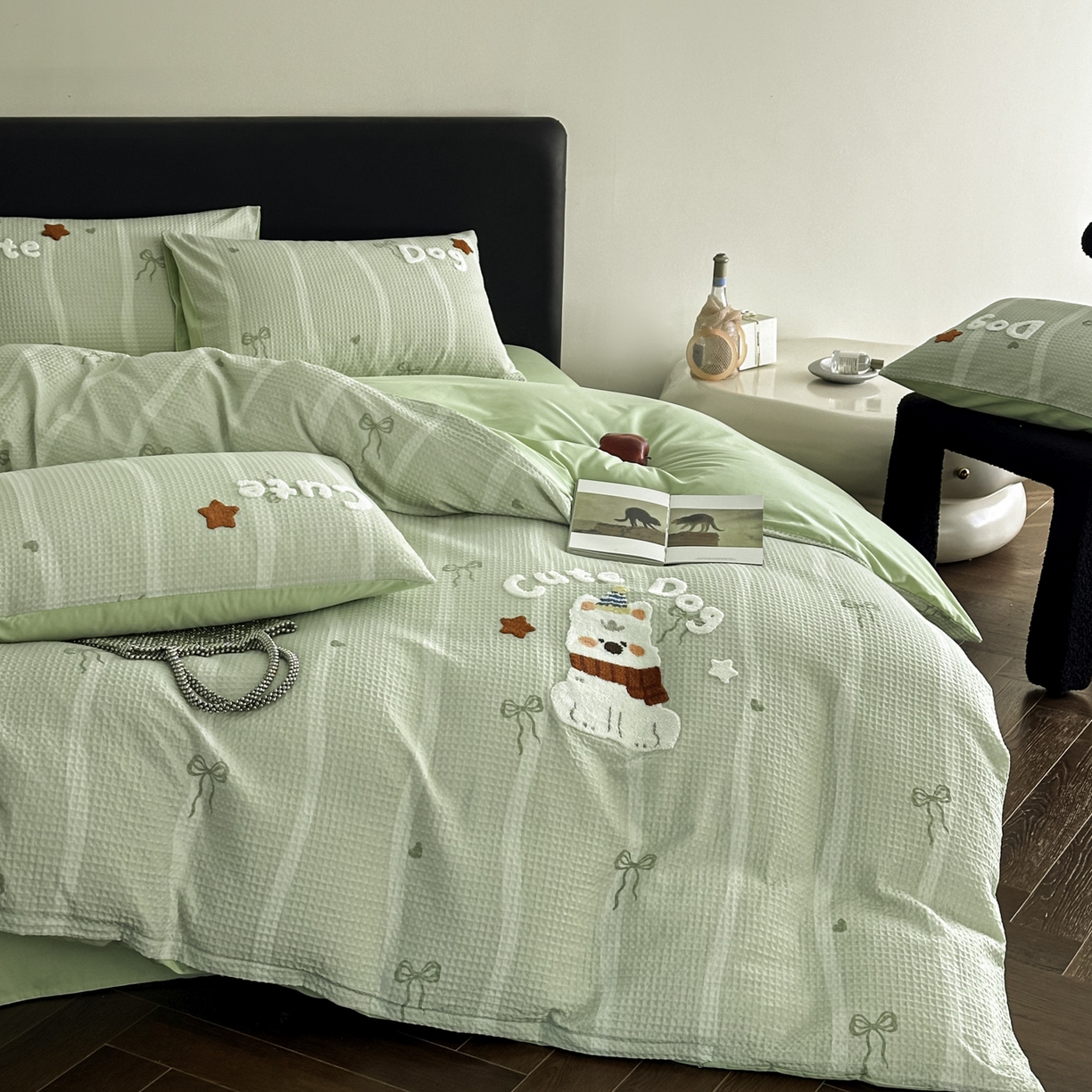 91家纺网 家纺一手货源 找家纺 ab家纺 2026新款全棉华夫格毛巾绣四件套 舒沐-绿