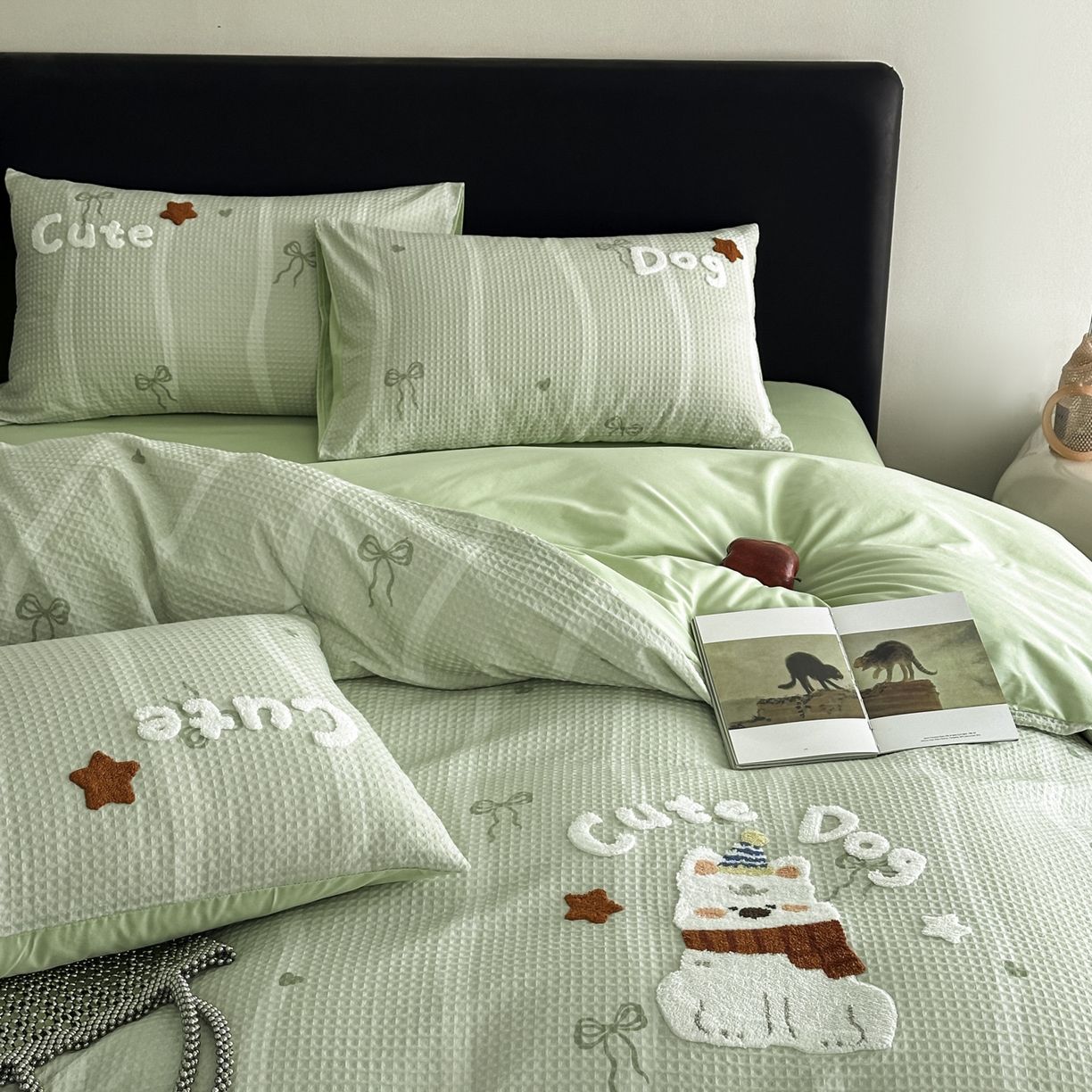 91家纺网 家纺一手货源 找家纺 ab家纺 2026新款全棉华夫格毛巾绣四件套 舒沐-绿