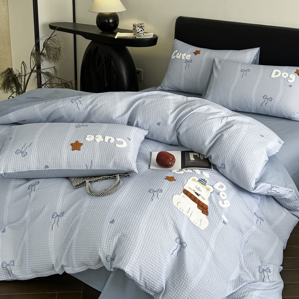 91家纺网 家纺一手货源 找家纺 ab家纺 2026新款全棉华夫格毛巾绣四件套 舒沐-蓝