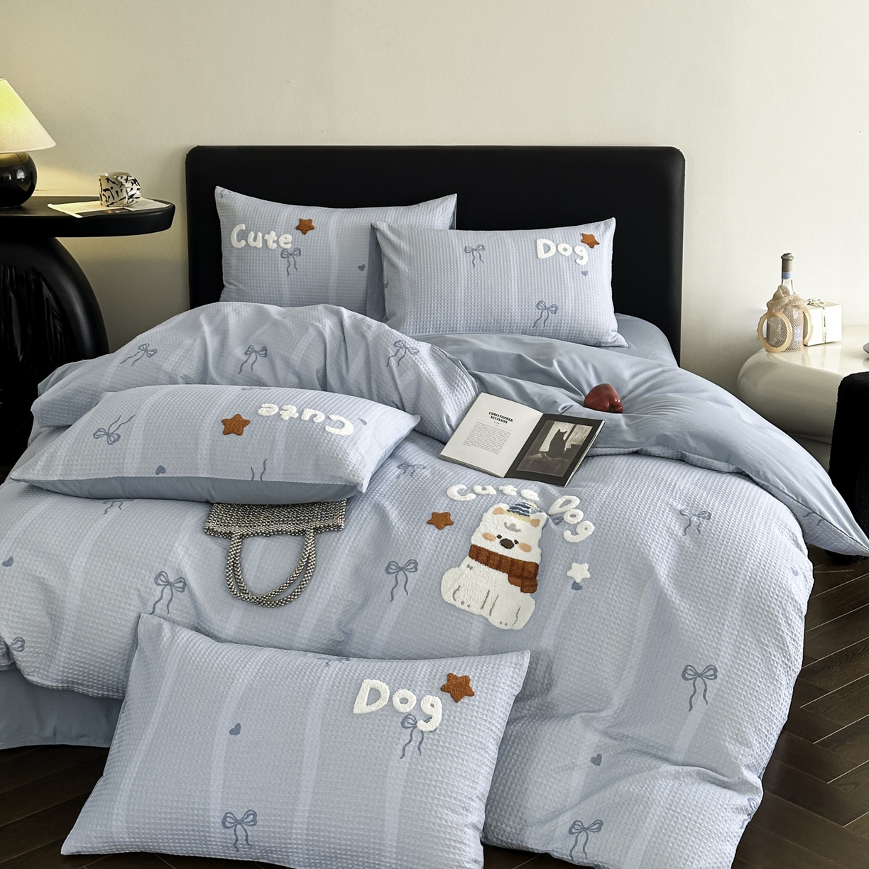 91家纺网 家纺一手货源 找家纺 ab家纺 2026新款全棉华夫格毛巾绣四件套 舒沐-蓝