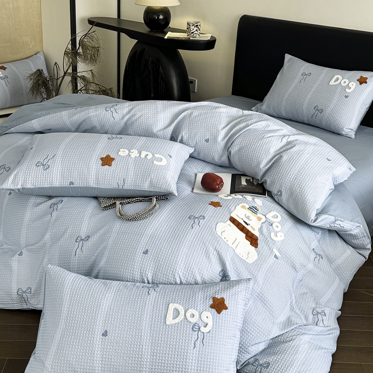 91家纺网 家纺一手货源 找家纺 ab家纺 2026新款全棉华夫格毛巾绣四件套 舒沐-蓝