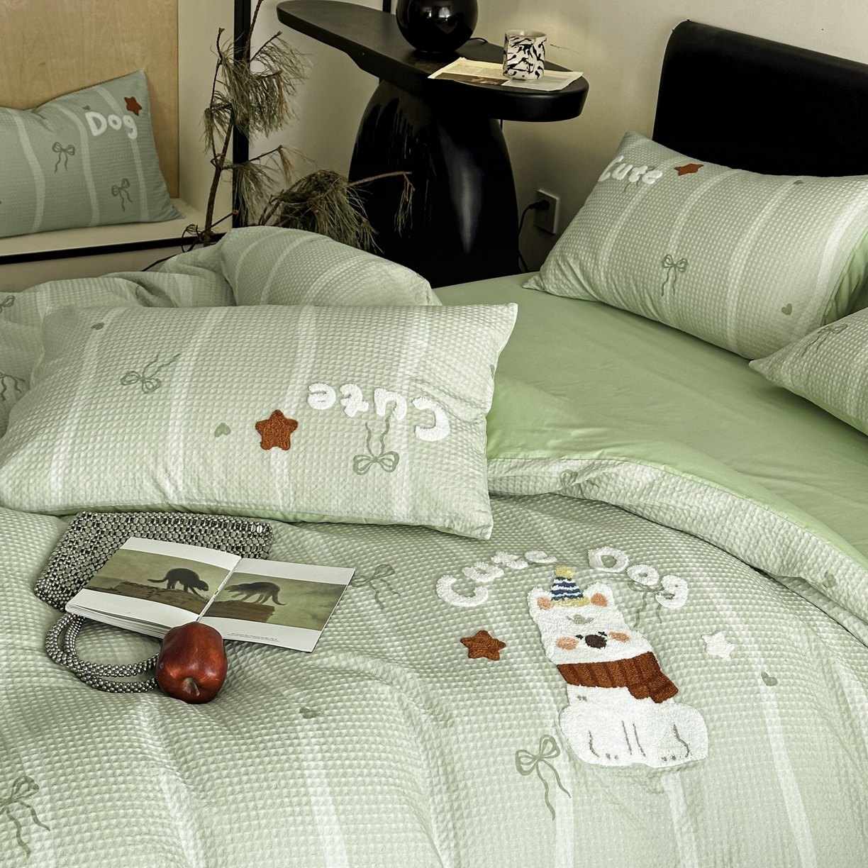 91家纺网 家纺一手货源 找家纺 ab家纺 2026新款全棉华夫格毛巾绣四件套 舒沐-绿