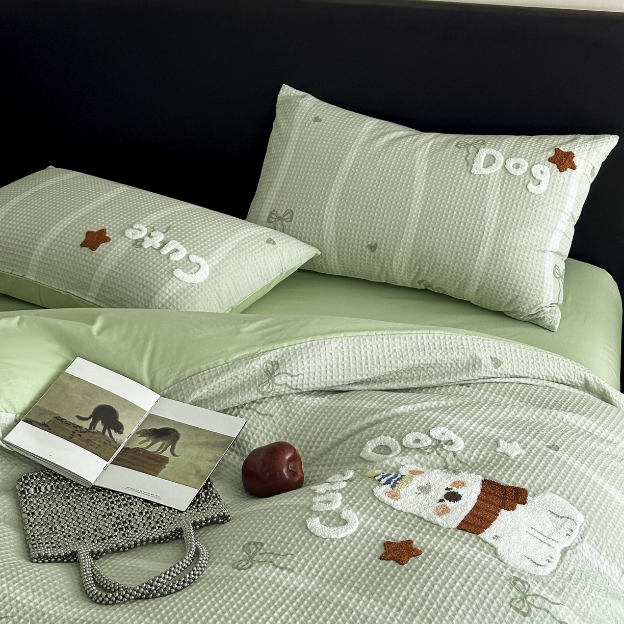 91家纺网 家纺一手货源 找家纺 ab家纺 2026新款全棉华夫格毛巾绣四件套 舒沐-绿