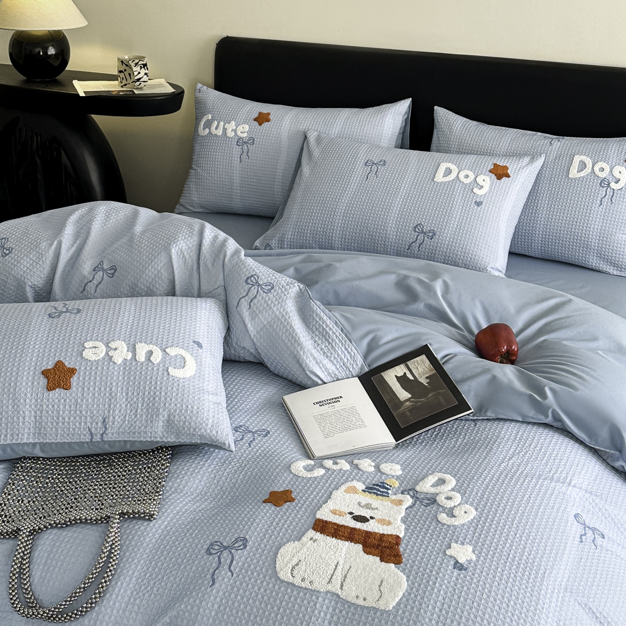 91家纺网 家纺一手货源 找家纺 ab家纺 2026新款全棉华夫格毛巾绣四件套 舒沐-蓝