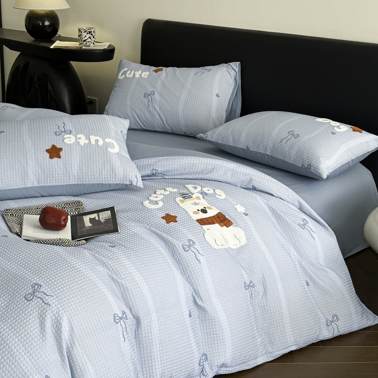 91家纺网 家纺一手货源 找家纺 ab家纺 2026新款全棉华夫格毛巾绣四件套 舒沐-蓝