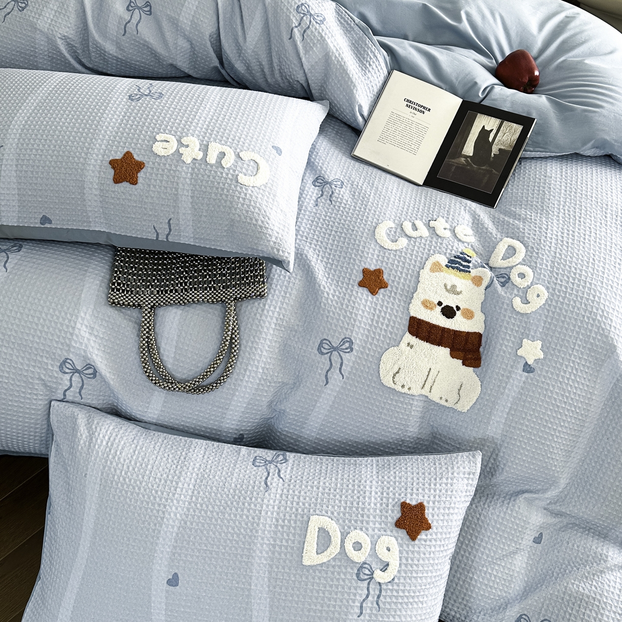 91家纺网 家纺一手货源 找家纺 ab家纺 2026新款全棉华夫格毛巾绣四件套 舒沐-蓝