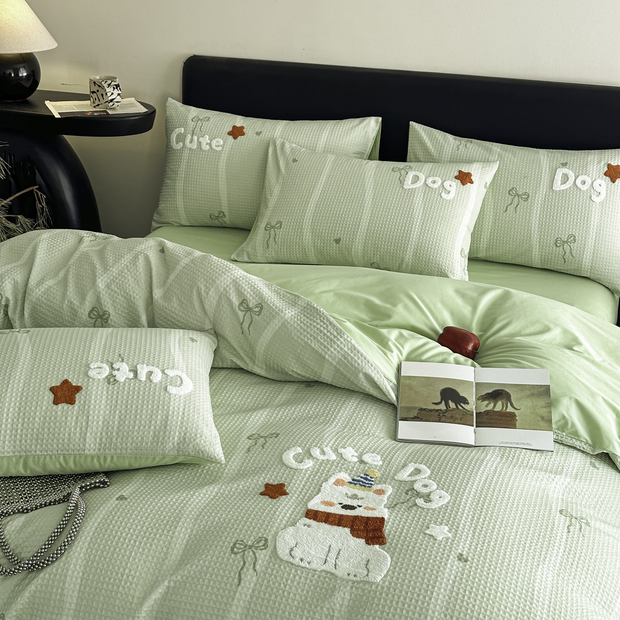 91家纺网 家纺一手货源 找家纺 ab家纺 2026新款全棉华夫格毛巾绣四件套 舒沐-绿