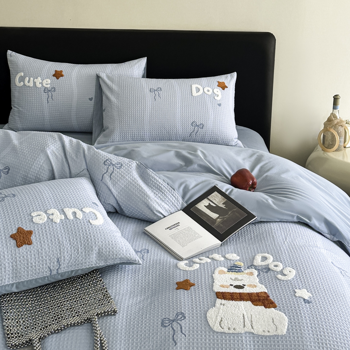 91家纺网 家纺一手货源 找家纺 ab家纺 2026新款全棉华夫格毛巾绣四件套 舒沐-蓝