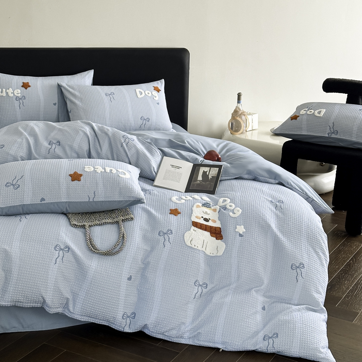 91家纺网 家纺一手货源 找家纺 ab家纺 2026新款全棉华夫格毛巾绣四件套 舒沐-蓝