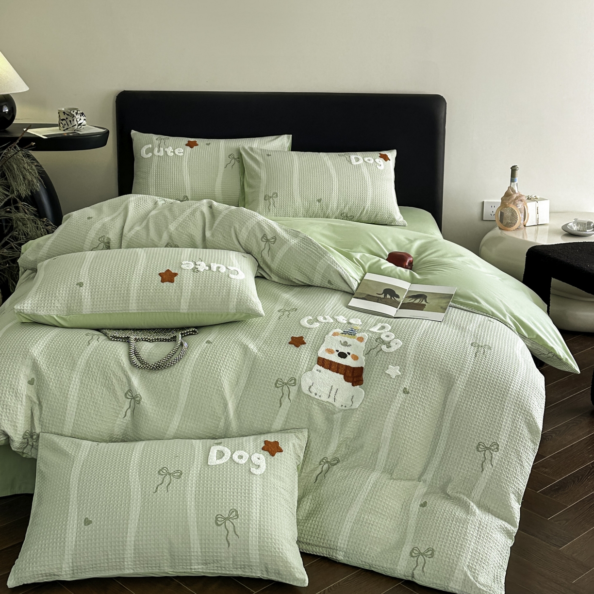 91家纺网 家纺一手货源 找家纺 ab家纺 2026新款全棉华夫格毛巾绣四件套 舒沐-绿