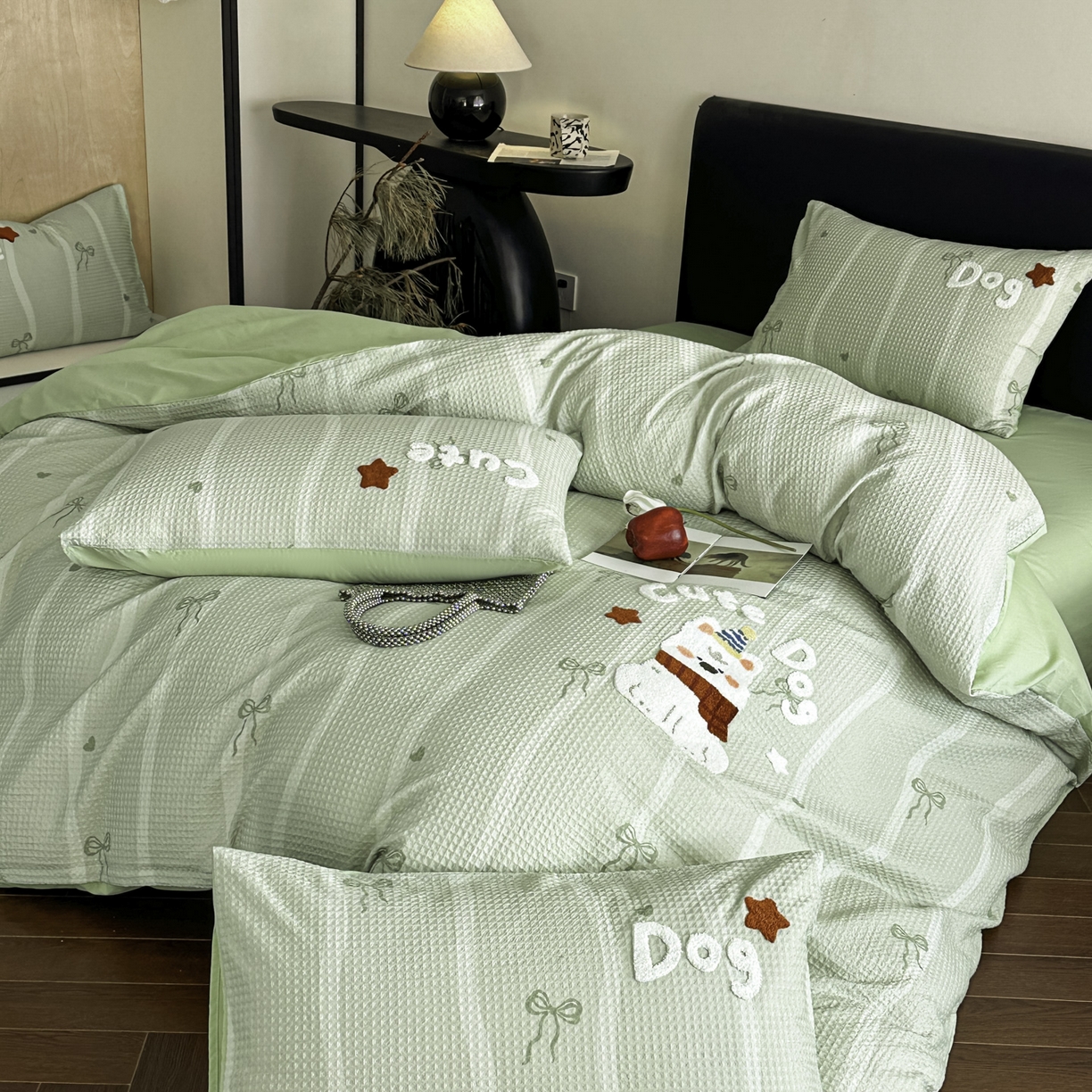 91家纺网 家纺一手货源 找家纺 ab家纺 2026新款全棉华夫格毛巾绣四件套 舒沐-绿