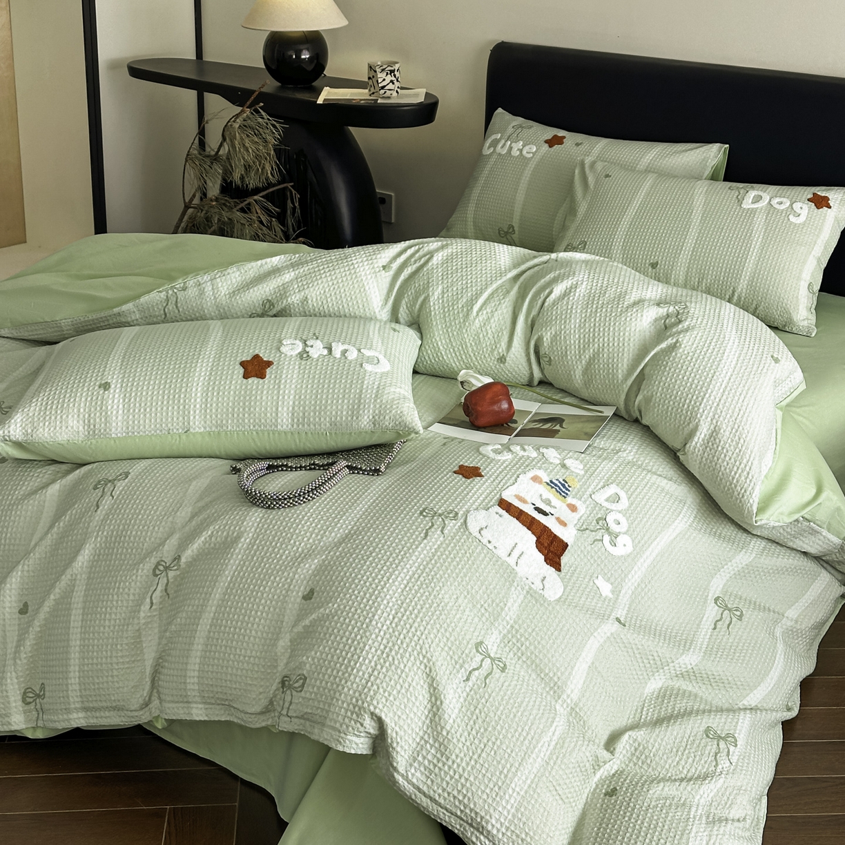 91家纺网 家纺一手货源 找家纺 ab家纺 2026新款全棉华夫格毛巾绣四件套 舒沐-绿