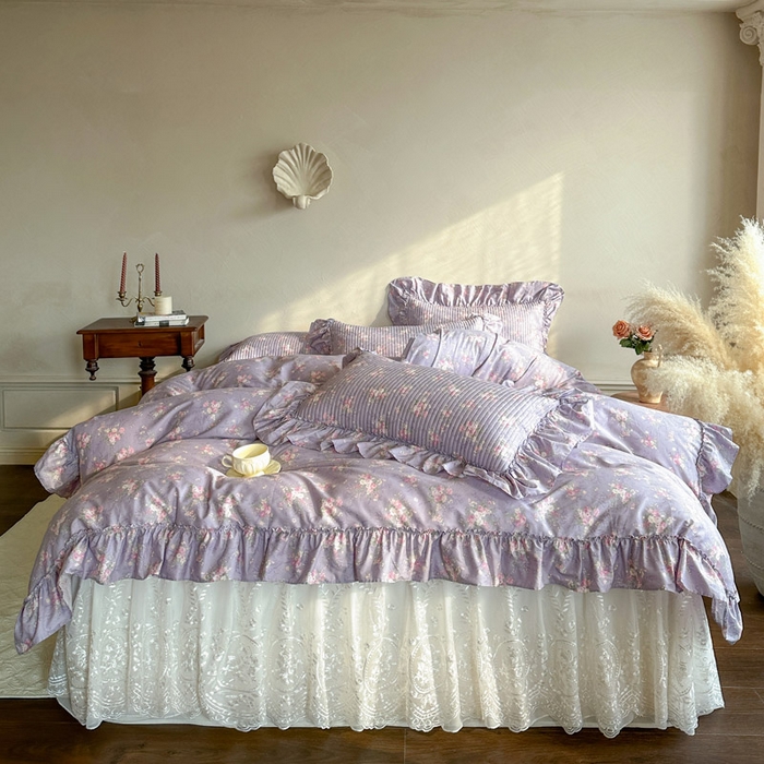 91家纺网 家纺一手货源 找家纺 瑞宝 2026新款法式全棉印花床裙四件套 紫花蕾