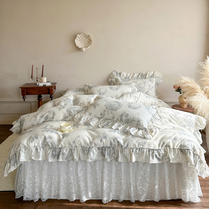 瑞宝 2026新款法式全棉印花床裙四件套 淡陌