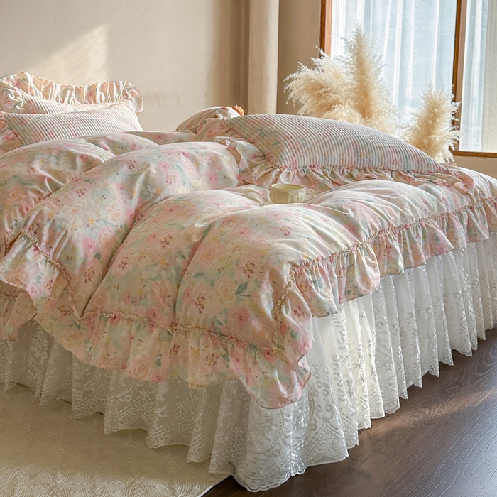 91家纺网 家纺一手货源 找家纺 瑞宝 2026新款法式全棉印花床裙四件套 洛可可小姐