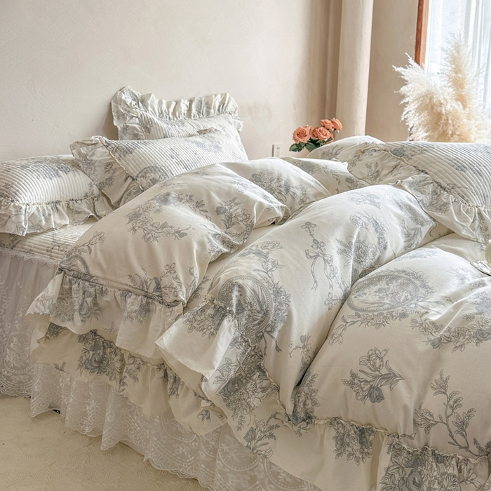 91家纺网 家纺一手货源 找家纺 瑞宝 2026新款法式全棉印花床裙四件套 淡陌