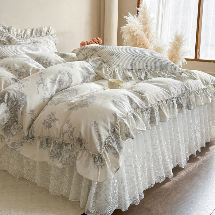 91家纺网 家纺一手货源 找家纺 瑞宝 2026新款法式全棉印花床裙四件套 淡陌