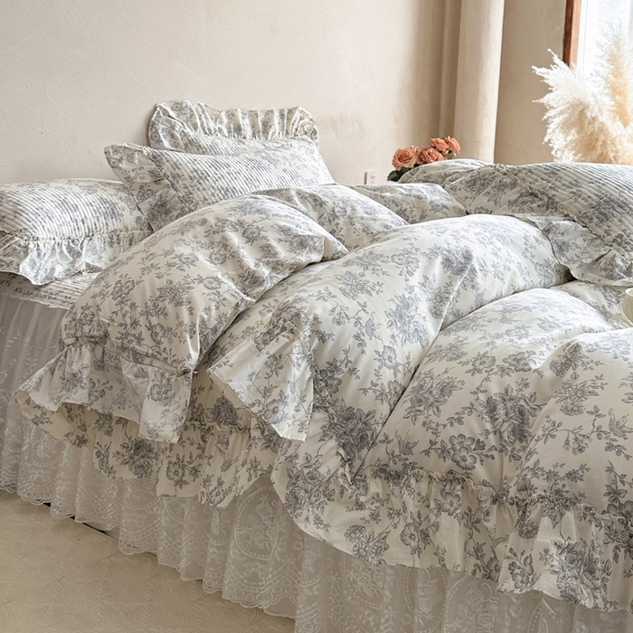 91家纺网 家纺一手货源 找家纺 瑞宝 2026新款法式全棉印花床裙四件套 禾风织野