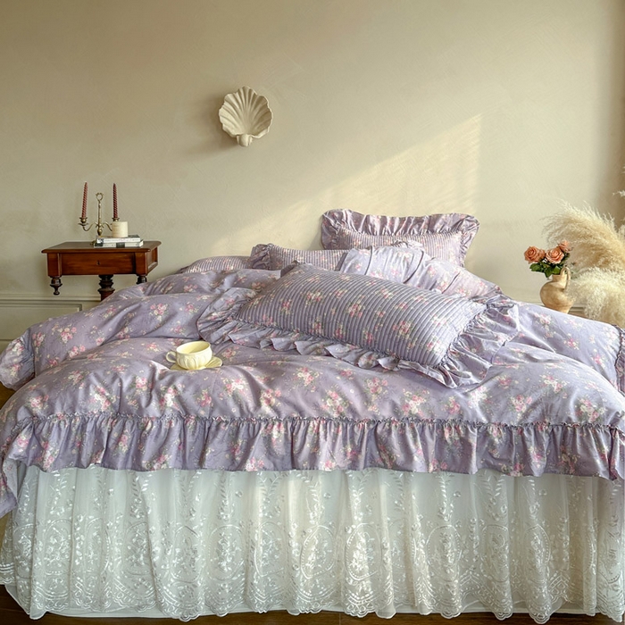 91家纺网 家纺一手货源 找家纺 瑞宝 2026新款法式全棉印花床裙四件套 紫花蕾