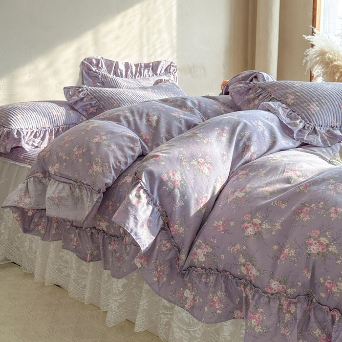 91家纺网 家纺一手货源 找家纺 瑞宝 2026新款法式全棉印花床裙四件套 紫花蕾