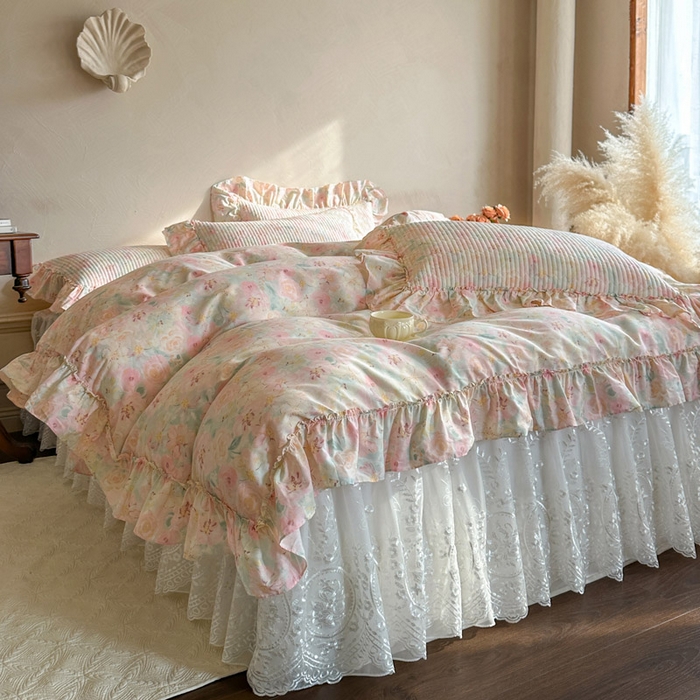 91家纺网 家纺一手货源 找家纺 瑞宝 2026新款法式全棉印花床裙四件套 洛可可小姐