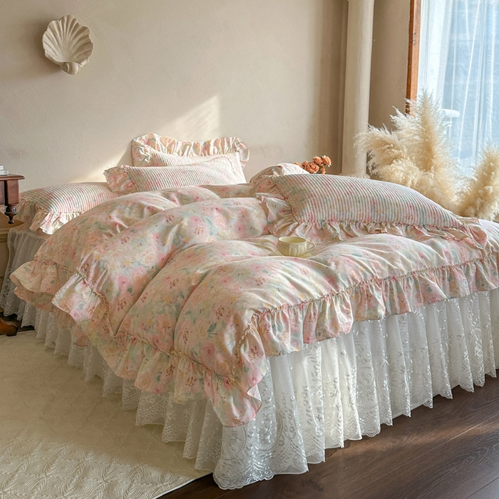 91家纺网 家纺一手货源 找家纺 瑞宝 2026新款法式全棉印花床裙三件套 洛可可小姐