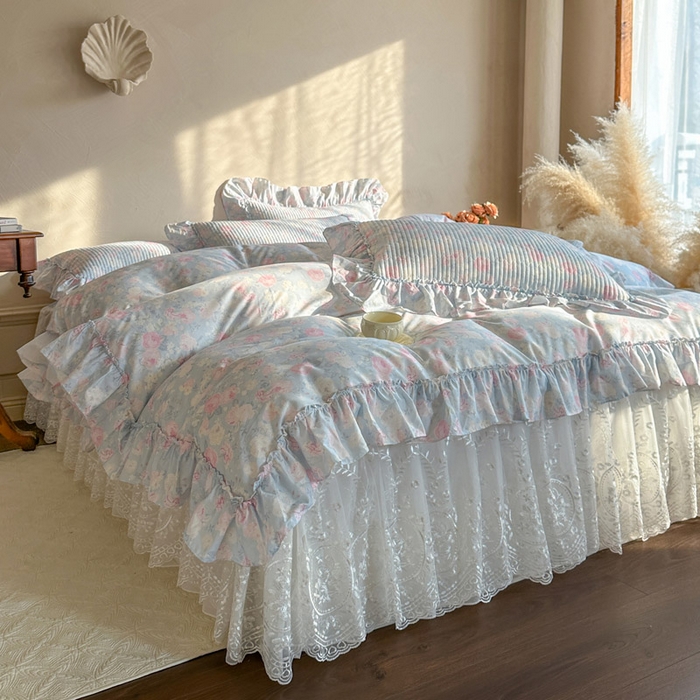 91家纺网 家纺一手货源 找家纺 瑞宝 2026新款法式全棉印花床裙三件套 花慕里