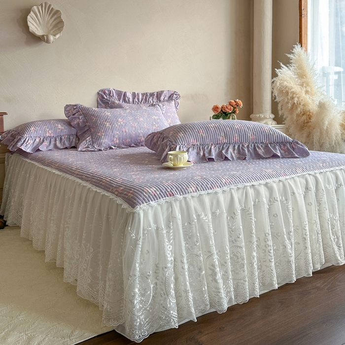 91家纺网 家纺一手货源 找家纺 瑞宝 2026新款法式全棉印花床裙三件套 紫花蕾