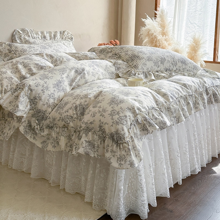 91家纺网 家纺一手货源 找家纺 瑞宝 2026新款法式全棉印花床裙三件套 禾风织野