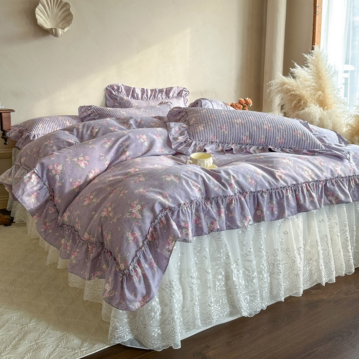 91家纺网 家纺一手货源 找家纺 瑞宝 2026新款法式全棉印花床裙三件套 紫花蕾