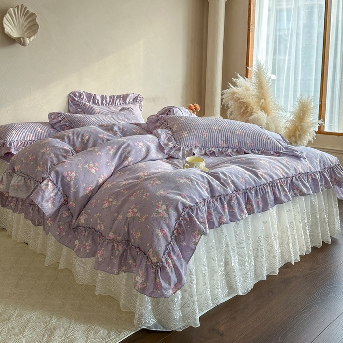 91家纺网 家纺一手货源 找家纺 瑞宝 2026新款法式全棉印花床裙三件套 紫花蕾