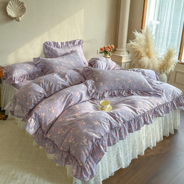 91家纺网 家纺一手货源 找家纺 瑞宝 2026新款法式全棉印花床裙三件套 紫花蕾