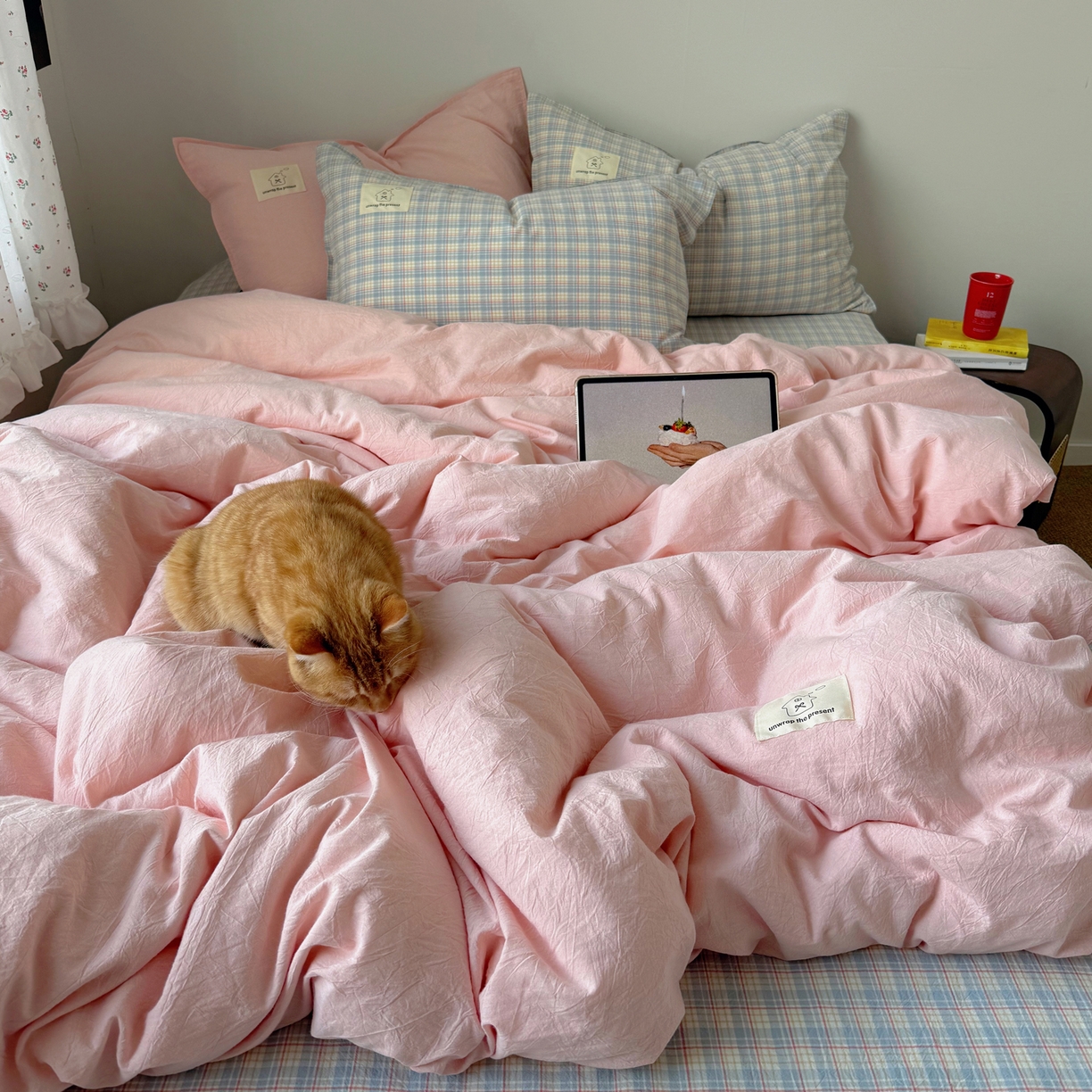 91家纺网 家纺一手货源 找家纺 （总）觅糖家纺 2026新款ins水洗棉全棉纯棉格子款双针款四件套（会员-5）