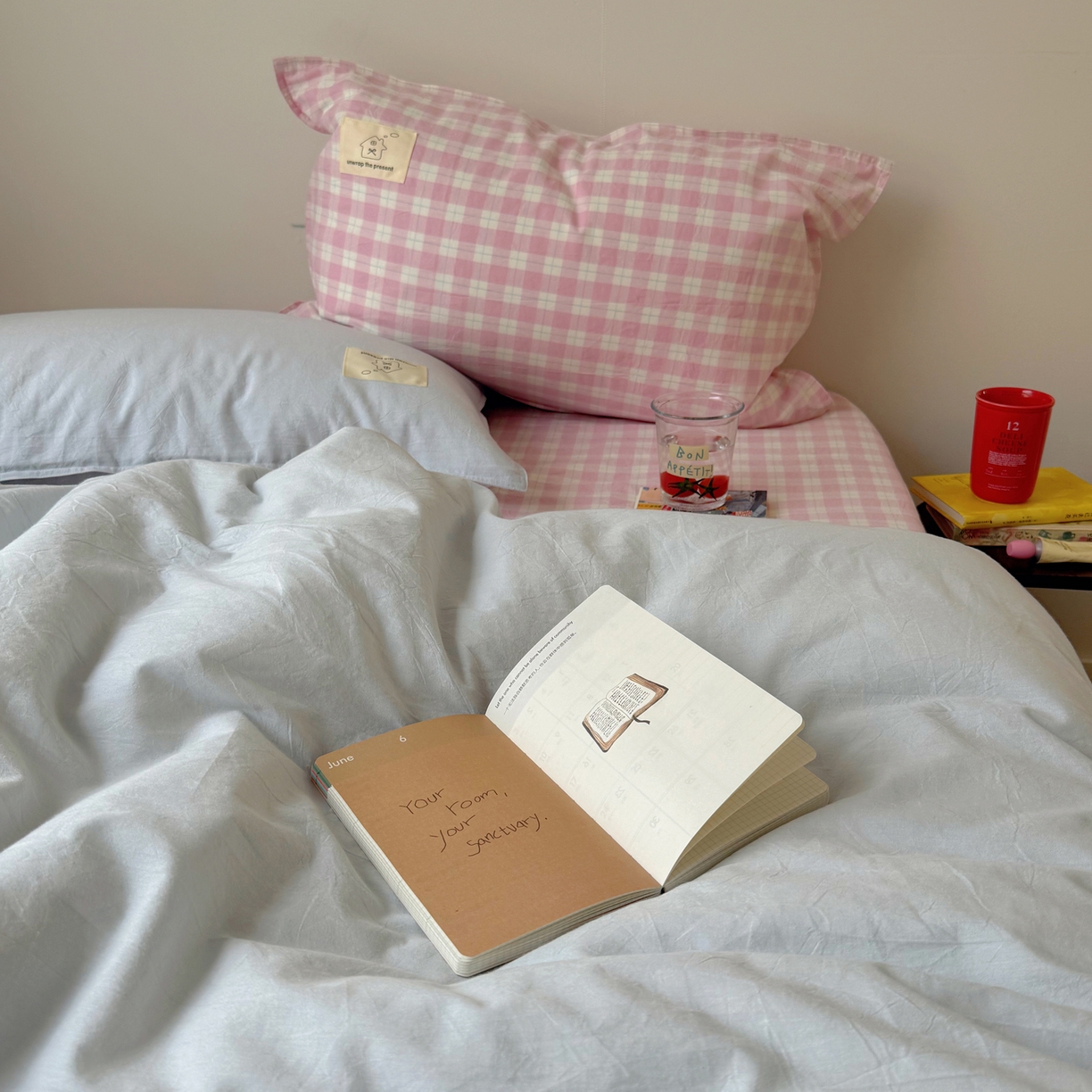 91家纺网 家纺一手货源 找家纺 觅糖家纺 2026新款ins水洗棉全棉纯棉格子款双针款四件套（会员-5） ins云汀粉格