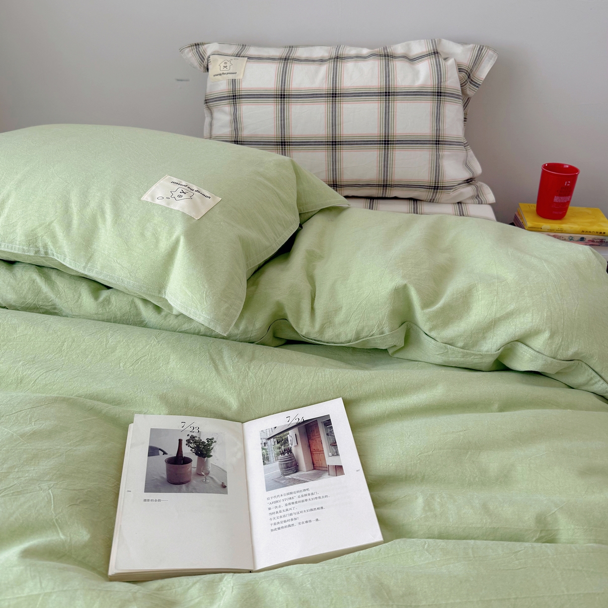 91家纺网 家纺一手货源 找家纺 觅糖家纺 2026新款ins水洗棉全棉纯棉格子款双针款四件套（会员-5） ins抹茶绿格