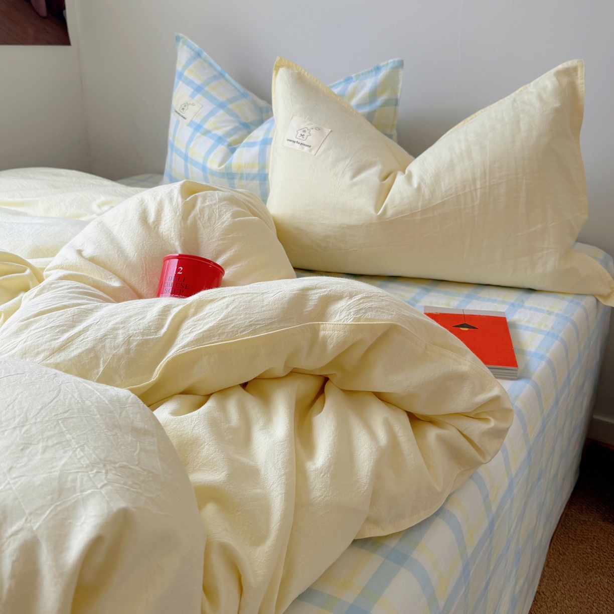 91家纺网 家纺一手货源 找家纺 觅糖家纺 2026新款ins水洗棉全棉纯棉格子款双针款四件套（会员-5） ins晴天蓝格