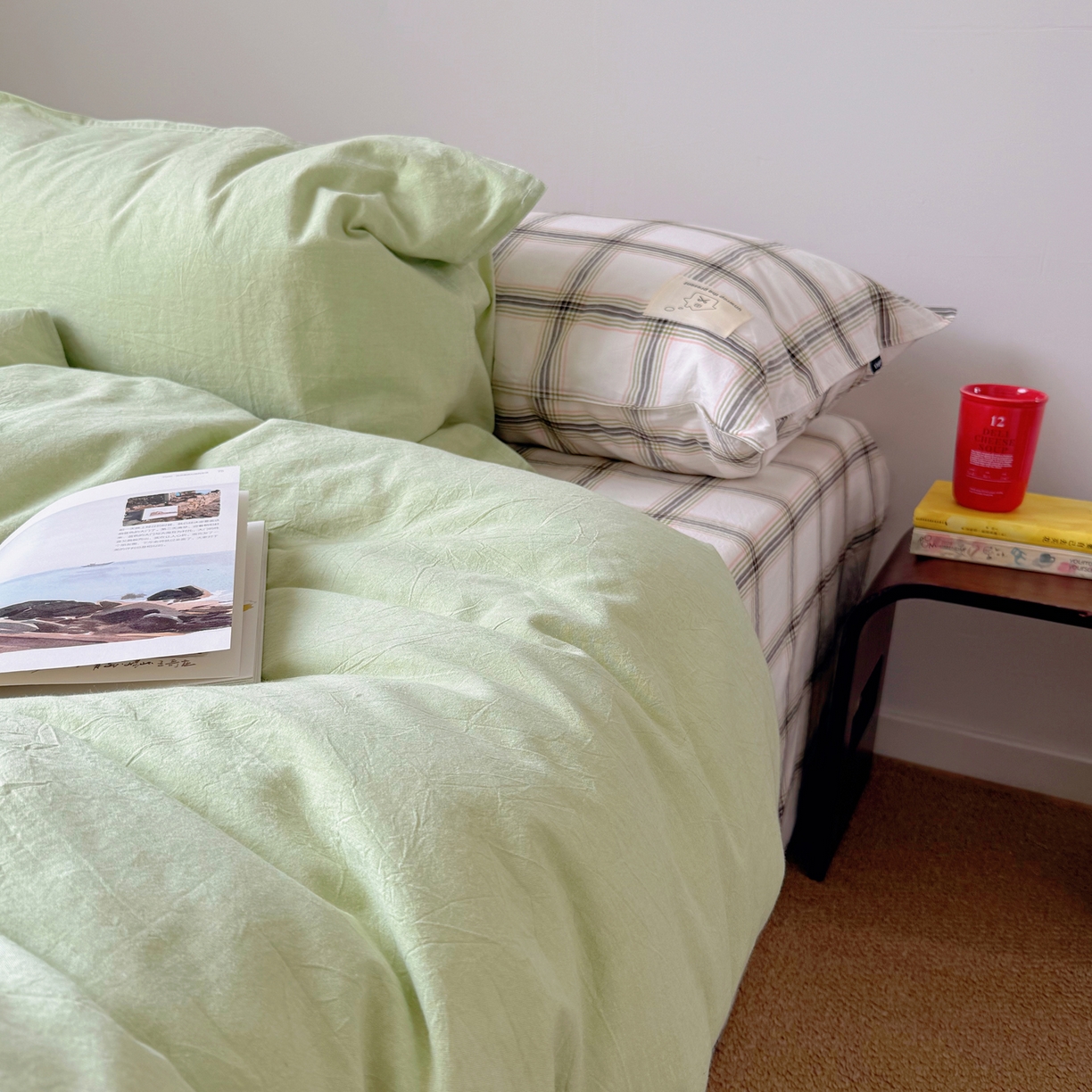 91家纺网 家纺一手货源 找家纺 觅糖家纺 2026新款ins水洗棉全棉纯棉格子款双针款四件套（会员-5） ins抹茶绿格