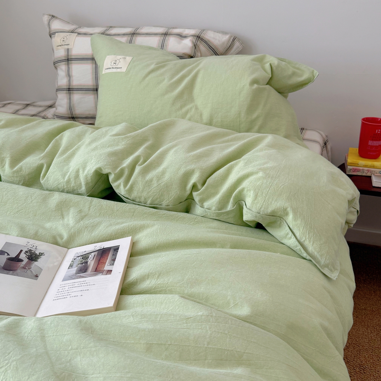 91家纺网 家纺一手货源 找家纺 觅糖家纺 2026新款ins水洗棉全棉纯棉格子款双针款四件套（会员-5） ins抹茶绿格