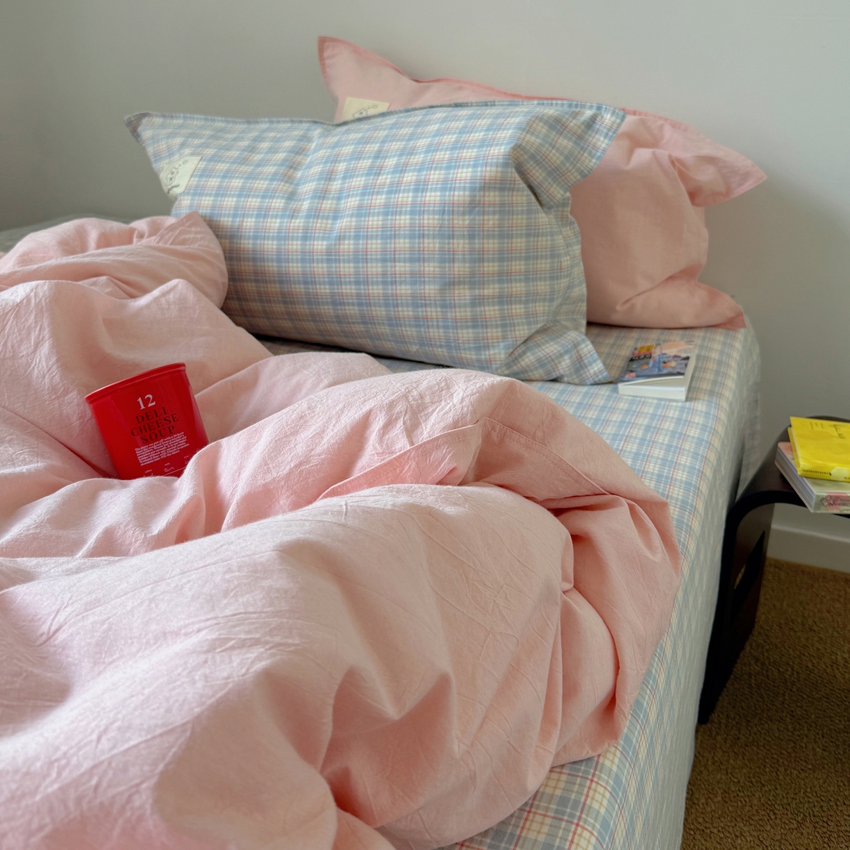 91家纺网 家纺一手货源 找家纺 （总）觅糖家纺 2026新款ins水洗棉全棉纯棉格子款双针款四件套（会员-5）