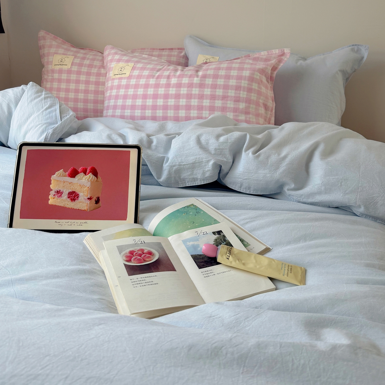 91家纺网 家纺一手货源 找家纺 觅糖家纺 2026新款ins水洗棉全棉纯棉格子款双针款四件套（会员-5） ins云汀粉格