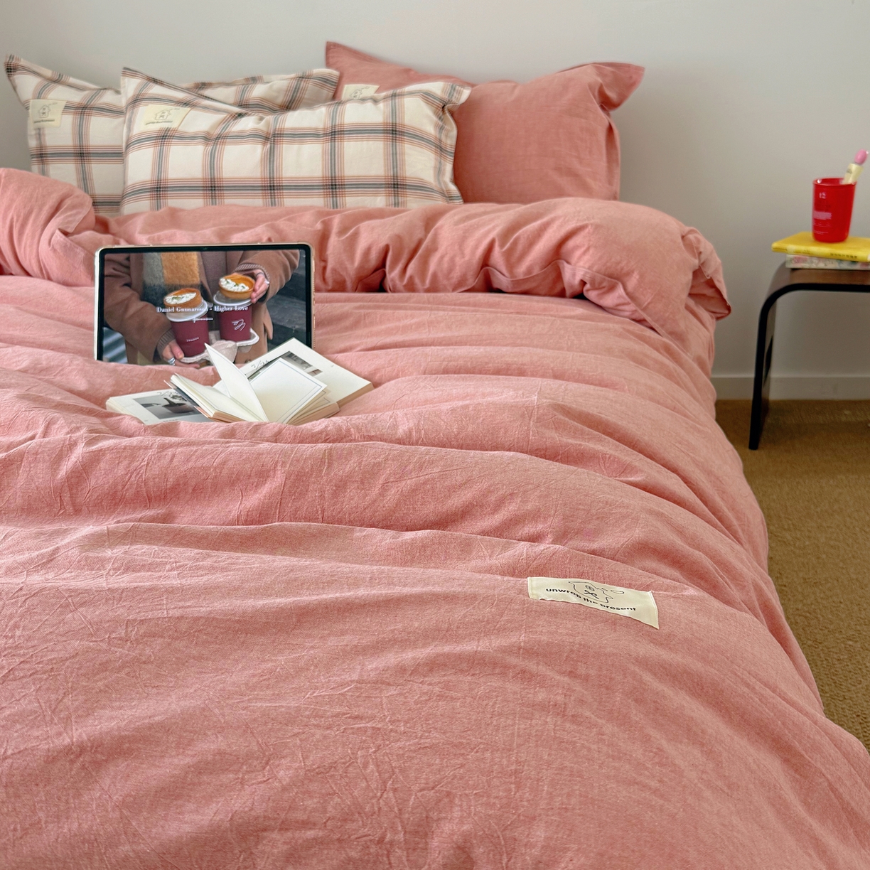 91家纺网 家纺一手货源 找家纺 觅糖家纺 2026新款ins水洗棉全棉纯棉格子款双针款四件套（会员-5） ins枫糖格