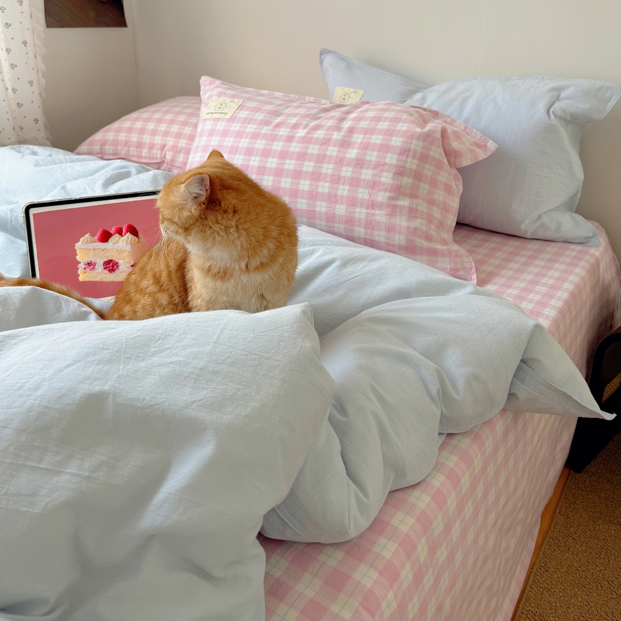 91家纺网 家纺一手货源 找家纺 觅糖家纺 2026新款ins水洗棉全棉纯棉格子款双针款四件套（会员-5） ins云汀粉格