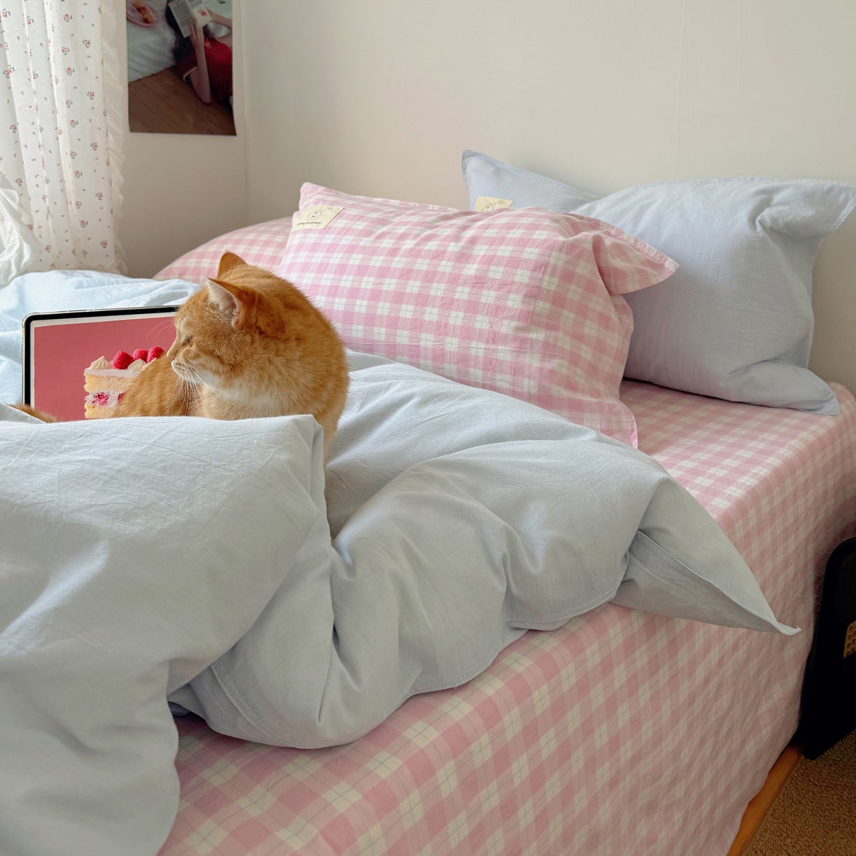 91家纺网 家纺一手货源 找家纺 觅糖家纺 2026新款ins水洗棉全棉纯棉格子款双针款四件套（会员-5） ins云汀粉格