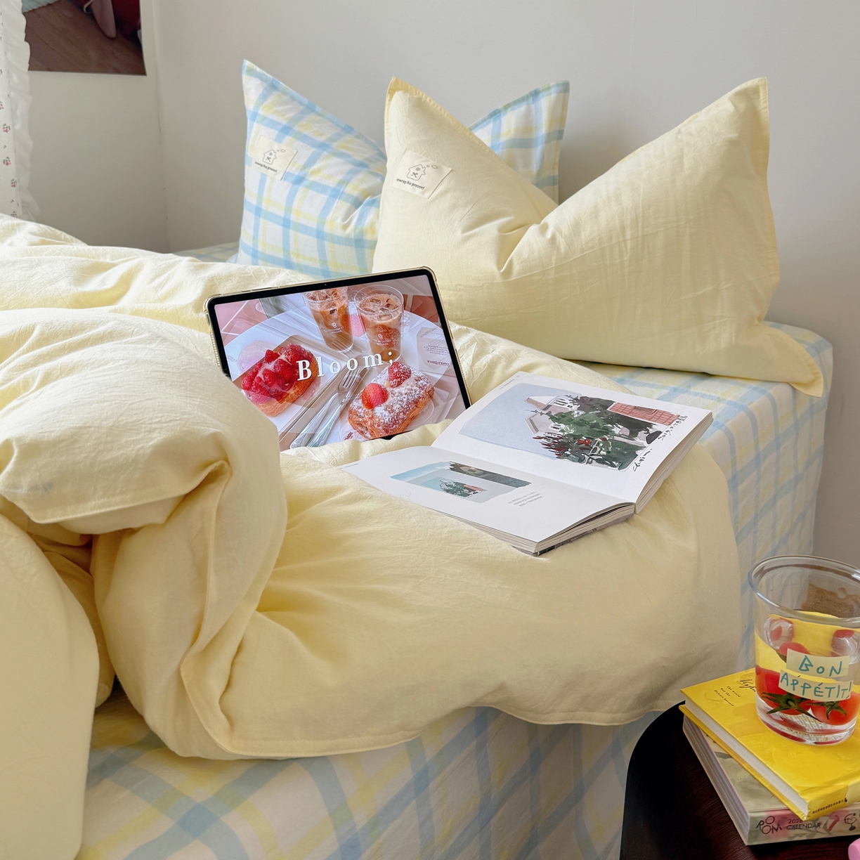 91家纺网 家纺一手货源 找家纺 觅糖家纺 2026新款ins水洗棉全棉纯棉格子款双针款四件套（会员-5） ins晴天蓝格