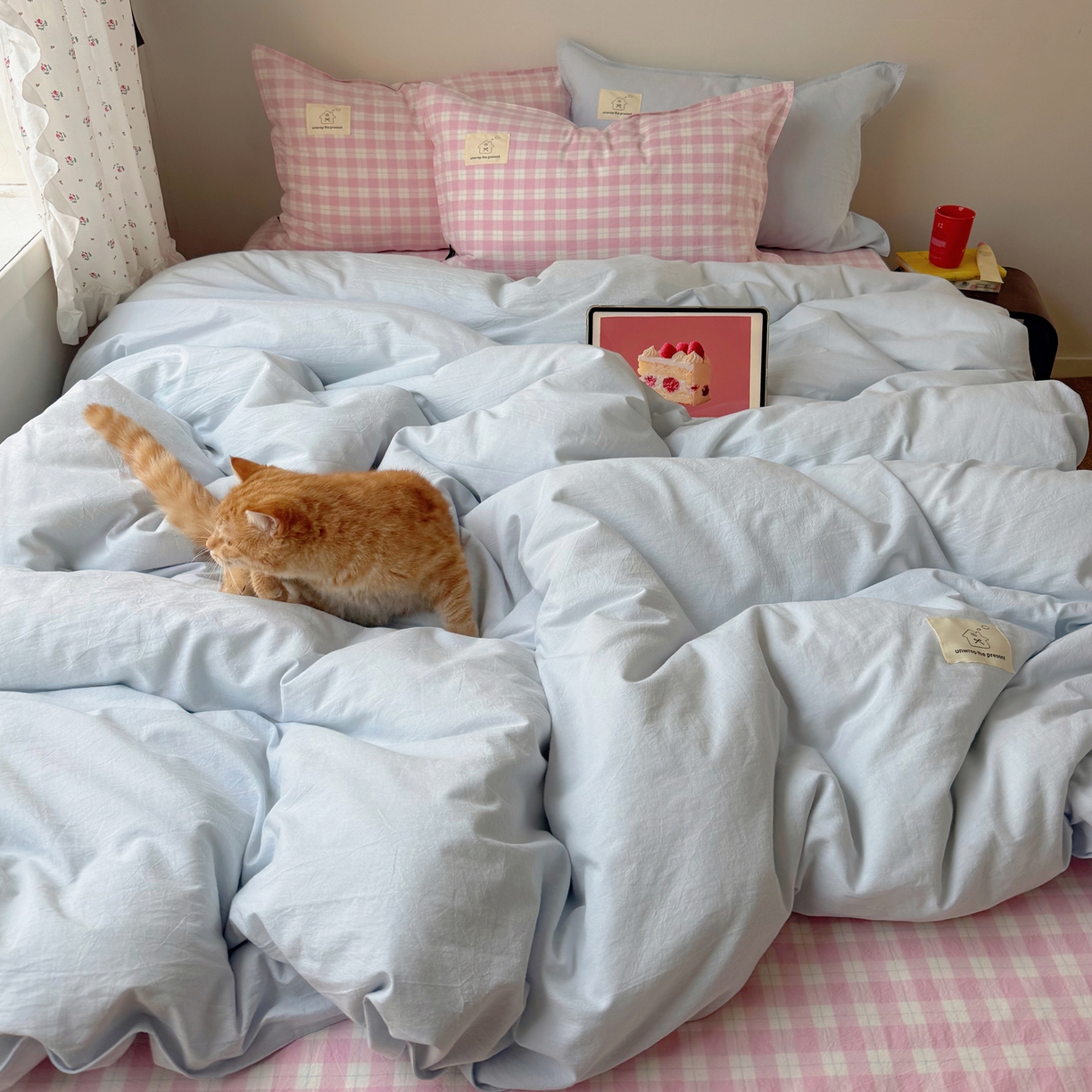 觅糖家纺 2026新款ins水洗棉全棉纯棉格子款双针款四件套（会员-5） ins云汀粉格