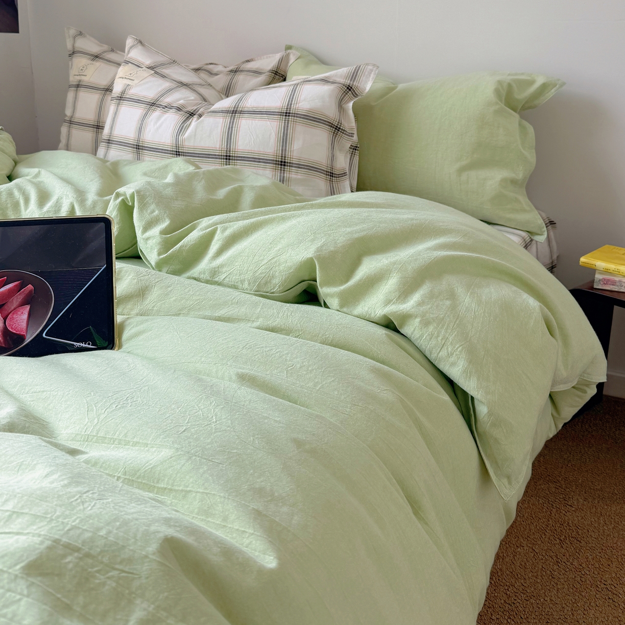 91家纺网 家纺一手货源 找家纺 觅糖家纺 2026新款ins水洗棉全棉纯棉格子款双针款四件套（会员-5） ins抹茶绿格