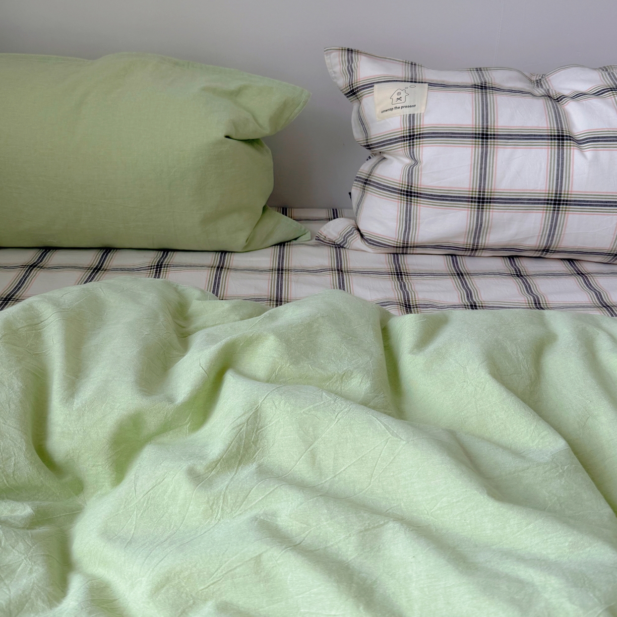 91家纺网 家纺一手货源 找家纺 觅糖家纺 2026新款ins水洗棉全棉纯棉格子款双针款四件套（会员-5） ins抹茶绿格